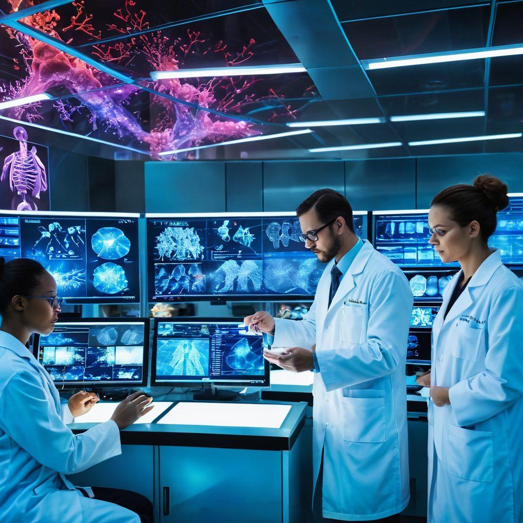 A futuristic laboratory filled with advanced medical technology, showcasing scientists collaborating on innovative cancer treatments. In the foreground, a holographic display of DNA strands and cancer cells, with vibrant colors illustrating research progress. Doctors in lab coats enthusiastically discussing breakthroughs, while patients in the background appear hopeful and engaged. The environment radiates optimism and cutting-edge science. super-realistic. vibrant colors. white background.