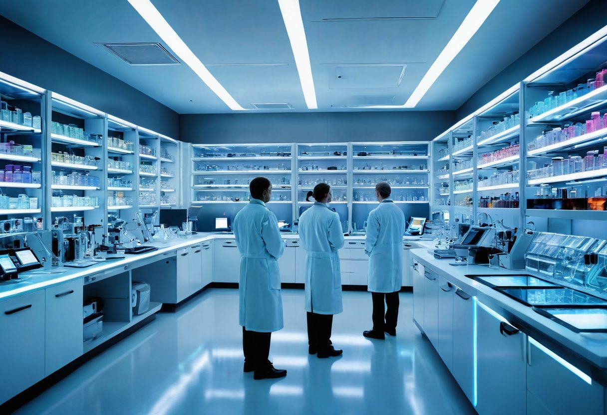 A futuristic laboratory bustling with scientists analyzing cancer cells through advanced holographic displays, showcasing innovative diagnostic tools and advanced therapeutic methods. The scene includes vibrant, glowing elements emphasizing breakthrough technology. The background features shelves filled with state-of-the-art medical equipment. The overall atmosphere radiates hope and progress in oncology. super-realistic. vibrant colors. white background.