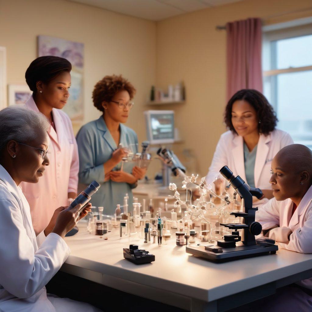 A serene and hopeful scene showcasing a diverse group of patients engaged in a supportive cancer care community, surrounded by images of advanced research tools like microscopes and DNA models. In the background, a soft glow symbolizes breakthroughs and progress in cancer treatment. The atmosphere radiates empowerment and resilience, with colors that evoke warmth and trust. vibrant colors. semi-realistic. uplifting.